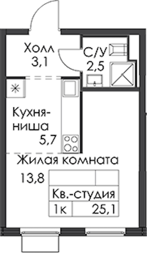 Квартира студия 25.1 м², 4/24 эт., ЖК «Заречный парк»